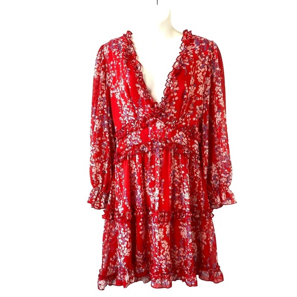 Selfie Leslie Laney Floral Tiered Dress Women M Red Ruffle Babydoll Cutout Back - Picture 2 of 13
